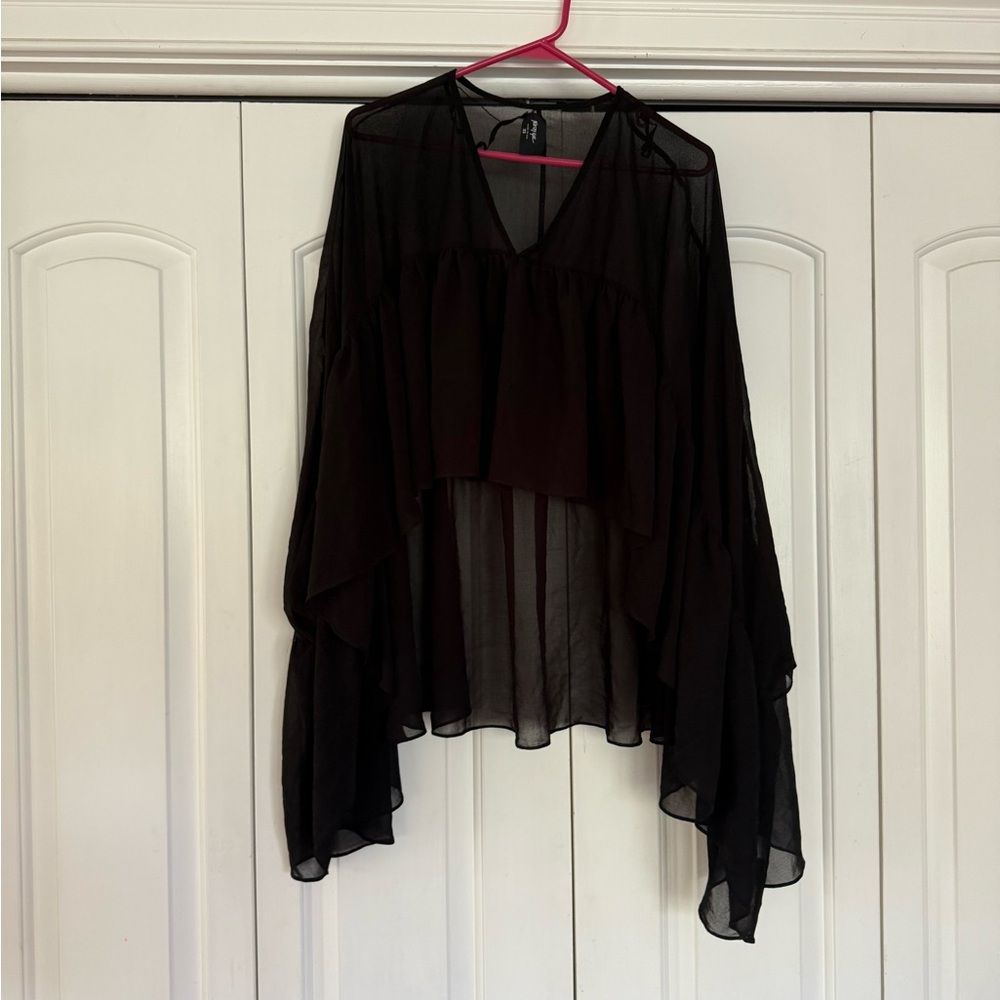 Nasty gal Lightweight Black Sheer V-Neck Blouse with Flowing Sleeves